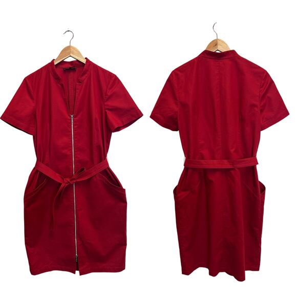 Lafayette 148 Red Belted Zip Front Sheath Dress w/ Pockets Stretch Cotton Career - Picture 1 of 11